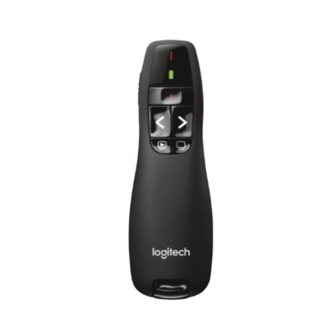 Black Logitech wireless presenter on a white background